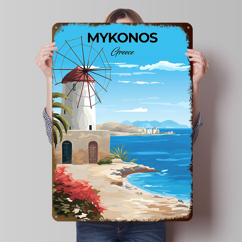 Travel Accessories Greece - Poster Perjalanan Mykonos Yunani Tanda Logam