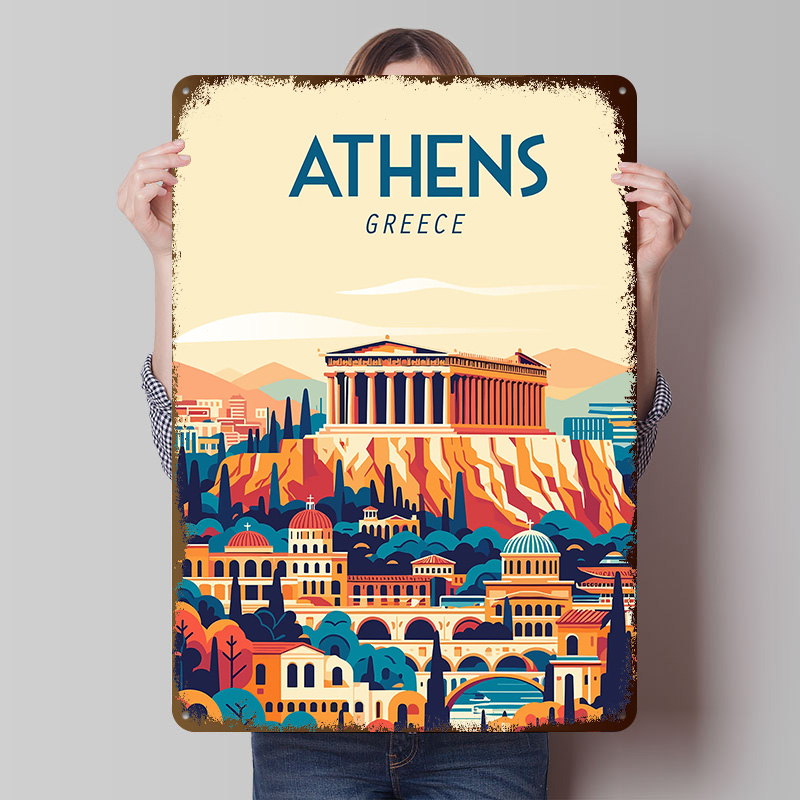 Travel Accessories Greece - Poster Perjalanan Yunani Tanda Logam Antik